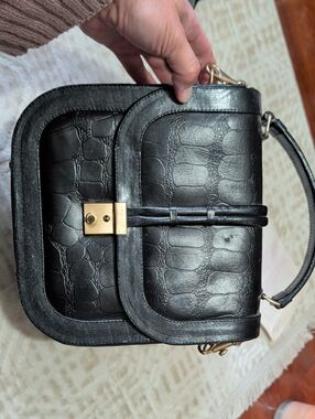 Black Croc-Embossed Top-Handle Satchel with Gold Hardware